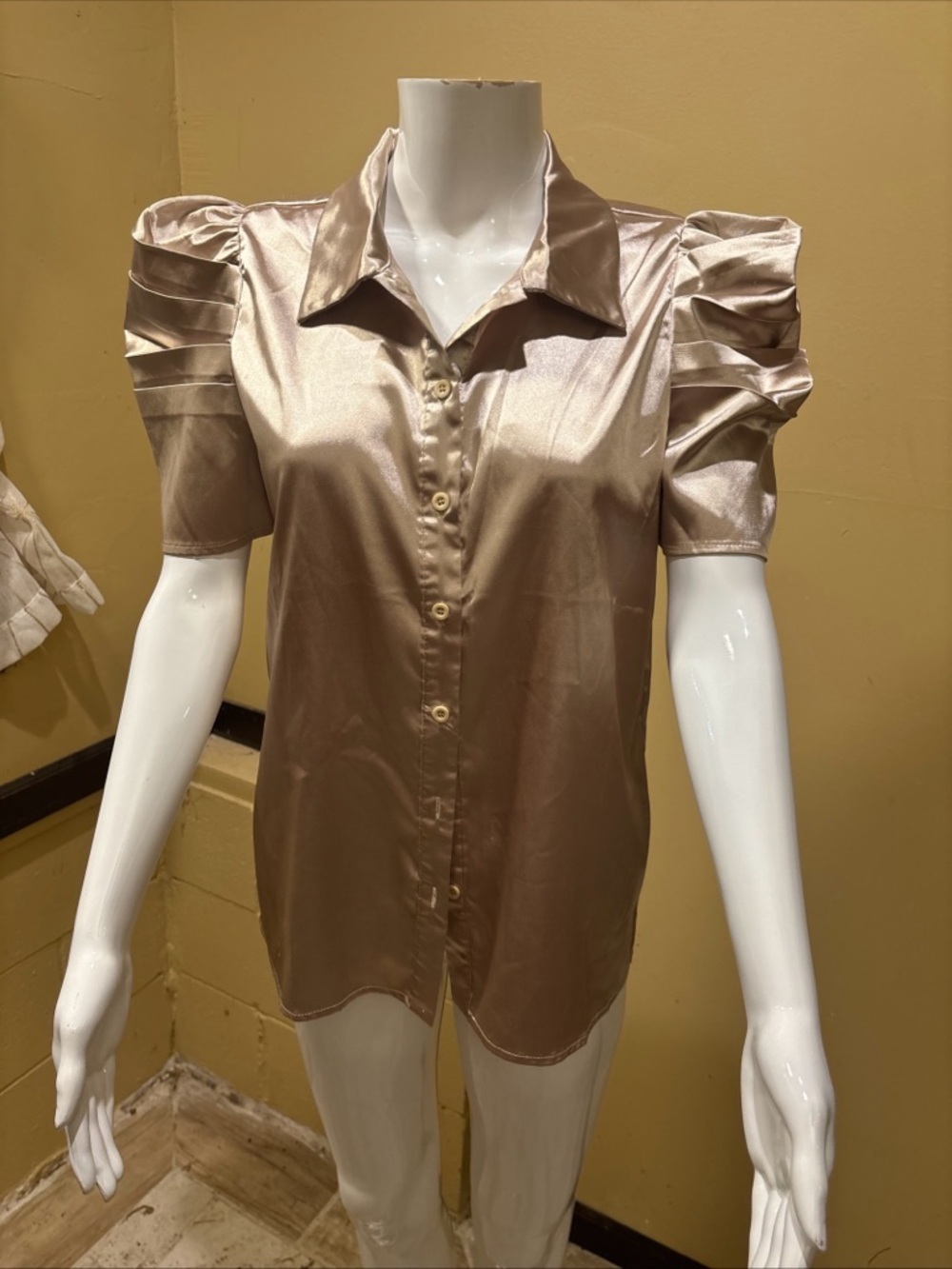 TCEC Shiny Puff Sleeve Button-Up Blouse - Taupe
